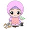 Cute Muslim children - planting. fun daily activities. Vector - Cartoon character of a happy woman. illustration