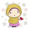 A Cute Muslim Girl Cartoon with Red Butterfly on Her Hand
