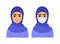 Cute Muslim woman in hijab doctor wears medical mask on her face.Arab woman without surgical mask. Avatar.Health and protection.