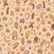 Cute muted amanita mushroom, magic crystal, butterflies seamless pattern