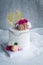 Cute Naked cakes Decorated with Macaron and rose flower on white cloth