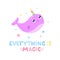 Cute narwhal and magical items vector illustration.