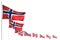 Cute national holiday flag 3d illustration - Norway isolated flags placed diagonal, photo with bokeh and space for text