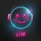 Cute neon light glowing 3d emoticon. Smiley, Happy emoji with headphones. Music, sound, technology icon Vector