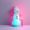 A cute neon white snowman wearing a colorful winter wool hat and a scarf against pink background