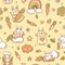 Cute neutral doodle bunny with rainbow seamless pattern