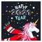 Cute New Year or Christmas greeting card with unicorn, scarf and stars on black background. Lettering