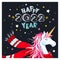 Cute New Year or Christmas greeting card with unicorn, scarf and stars on black background. Lettering