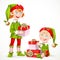 Cute New Year`s little elves Santa`s assistant with a gifts isolated on a white