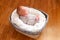 Cute newborn baby boy in the gray basket. Small hands and feet of the child. Baby wrapping