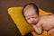 Cute newborn baby on a brown blanket and yellow pillow . Sleeping baby on a dark background. Closeup portrait of newborn baby. Bab