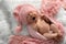 Cute newborn baby in hat yawning on fuzzy blanket, top view