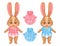 Cute newborn bunny, baby shower. Announcement child birth. It`s boy, girl. New born daughter, son. Infant rabbit twins. Vector