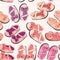 Cute newborn shoes for girls. Orange and pink ballerinas with bows. Seamless pattern. Vector illustration on light pink background