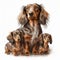 Cute nice dog breed long-haired dachshund with small sweet puppies isolated on white close-up, beautiful pet,