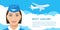 Cute nice smiling stewardess and flying passenger airplane. Flyer or web banner design