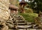 Cute nicely crafted handmade outdoor wooden steps in a fairy tale village in the Czech Republic