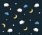 Cute night seamless pattern background for kids bedtime sleeping. Vector wallpaper illustration with clouds, moons, stars, sheeps