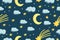 Cute night sky with yellow stars , moon and clouds. Seamless pattern. Modern hand drawn illustration in flat style. Baby nursery