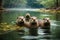 Cute North American River Otters Swimming in Calm River, created with Generative AI technology