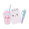 Cute notepad pen and milkshake kawaii cartoon character
