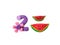 Cute number 2, delicious fruit dough, watermelon slices clay, white background