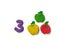 Cute number 3 clay dough, delicious apples plasticine, white background, count math