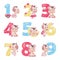 Cute numbers with baby giraffe cartoon illustrations set