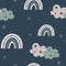 Cute nursery seamless pattern with pastel colored rainbows  clouds and stars isolated on dark background. Hand drawn Scandinavian