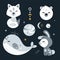 Cute nursery set with animals, stars and design elements. Vector.