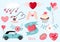 Cute object valentine collection with flower,car,cupcake.Vector illustration for icon,logo,sticker,printable