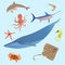 Cute ocean animals simple creatures. Octopus, shark sea cartoon fish. Vector