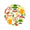 Cute Octoberfest Menu background with beer, sausage, pretzel, hunting hat with feather, mustache and oak leaves