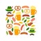 Cute Octoberfest Menu background with beer, sausage, pretzel, hunting hat with feather, mustache and oak leaves