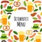 Cute Octoberfest Menu background with beer, sausage, pretzel, hunting hat with feather, mustache and oak leaves