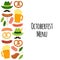 Cute Octoberfest Menu background with beer, sausage, pretzel, hunting hat with feather, mustache and oak leaves