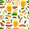 Cute Octoberfest seamless background beer, sausage, pretzel, hunting hat with feather, mustache and oak leaves