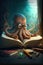 Cute Octopus Reading Book, Adorable Smart Sea Creature Character Sitting with Book cartoon style Illustration generative ai