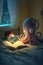 Cute Octopus Reading Book, in children bed during christmas eve night cartoon style Illustration generative ai