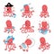 Cute octopus set. Cartoon squid, underwater life characters. Various octopus painting, sleeping, listen music. Nowaday