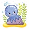 Cute octopus sits on a rock.