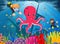 Cute octopus under the sea with boy and girl diving