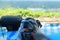 Cute old chubby pug sitting on a wooden table in a selective focus house.