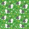 Cute Old English Sheepdog puppy in the grass seamless pattern background with hand drawn bones, balls and flowers.