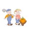 Cute old man with a shovel and old woman with a cart and a pumpkin. Vector cartoon colorful illustration isolated on white