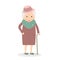 Cute Old woman with walking stick. Grandmother in hat. Senior lady on walk. Vector, illustration.