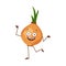 Cute onion character cheerful with emotions dancing, arms and legs. The funny, happy or smile hero, vegetable