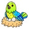 Cute orange bellied parrot cartoon with eggs in the nest