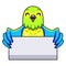 Cute orange bellied parrot cartoon holding blank sign