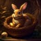 Cute orange bunny sitting in an egg basket. Golden eggs in a chicken\'s nest.